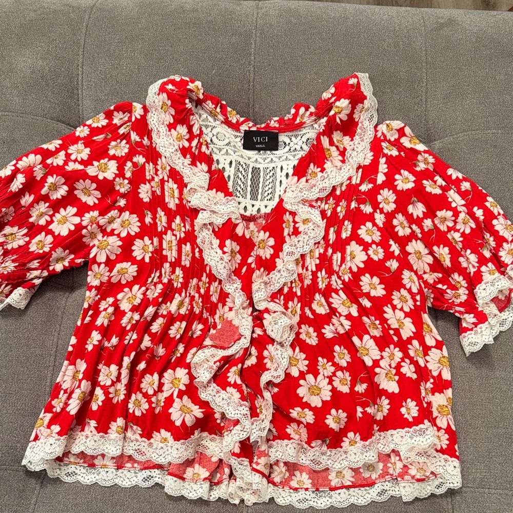 Vici Red Floral Blouse with Lace Trim
